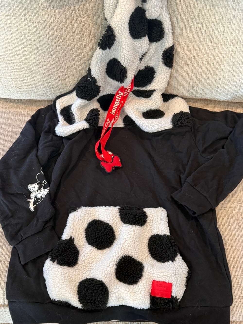 Loungefly Black Hoodie with White Sherpa Polka Dots and Red Drawstring - Minnie